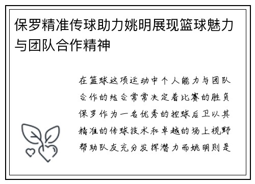 保罗精准传球助力姚明展现篮球魅力与团队合作精神